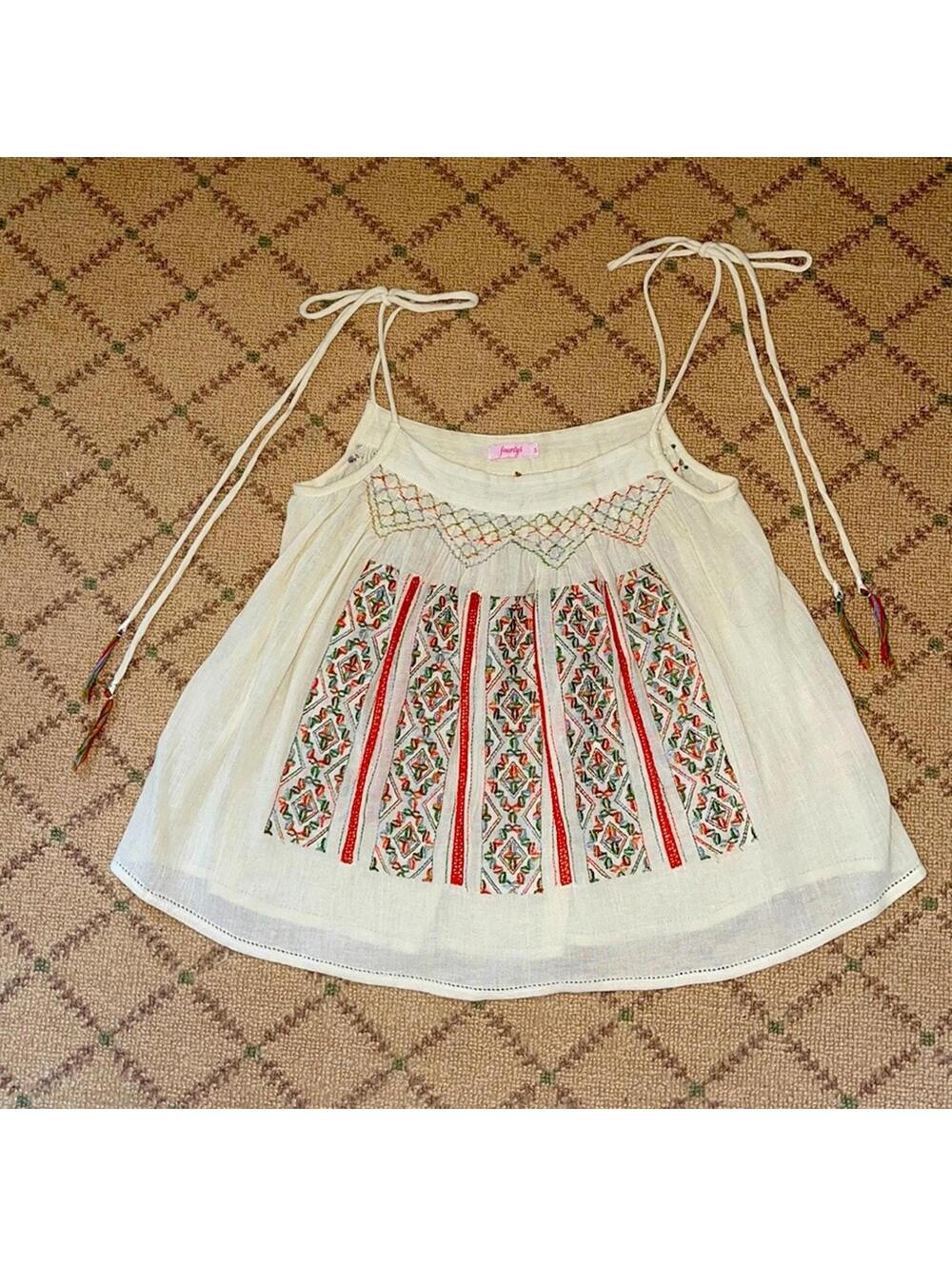 Fourty embroidered boho top w tassels NWOT S